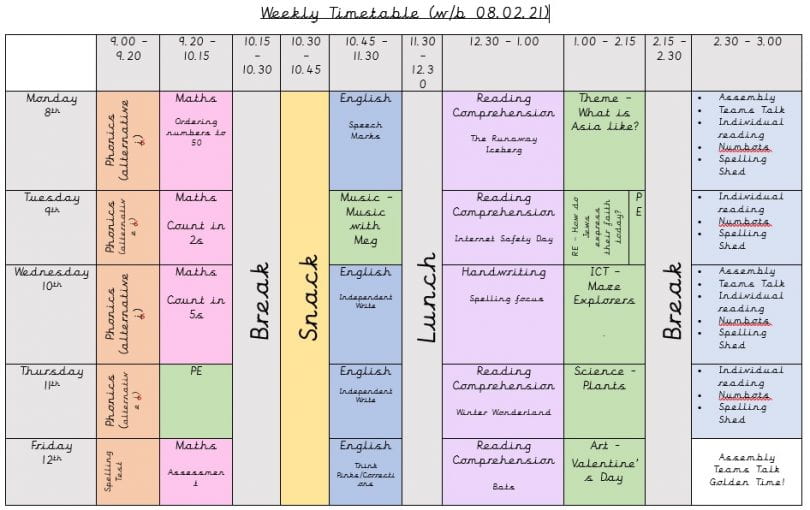 Home Learning Week 6 Timetable – 08.02.21 – Excellent Elm